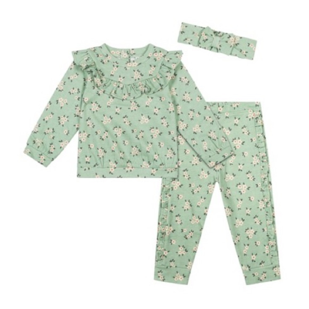 Babies' Floral Fleece Sweatshirt, Pants & Headband Set In Dusty Mint